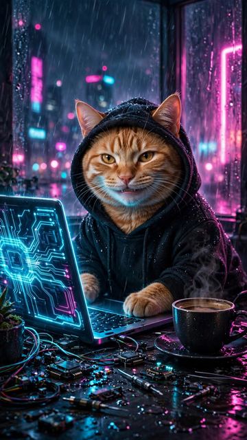 Кот-хакер в стиле «Киберпанк»