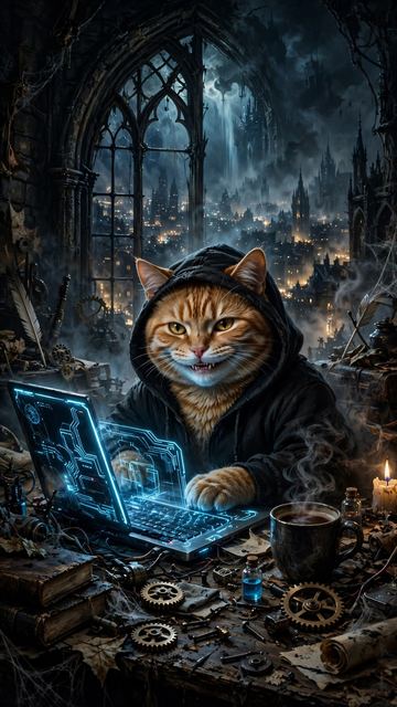 Кот-хакер в стиле «Тёмное фэнтези»