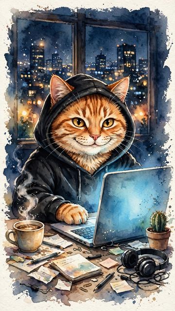 Кот-хакер в стиле «Акварель»